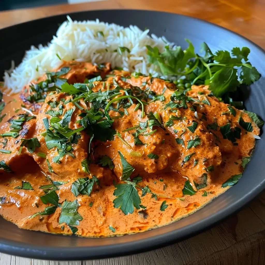 Plate of juicy dinde tikka masala alongside a cucumber and fresh herb salad.
