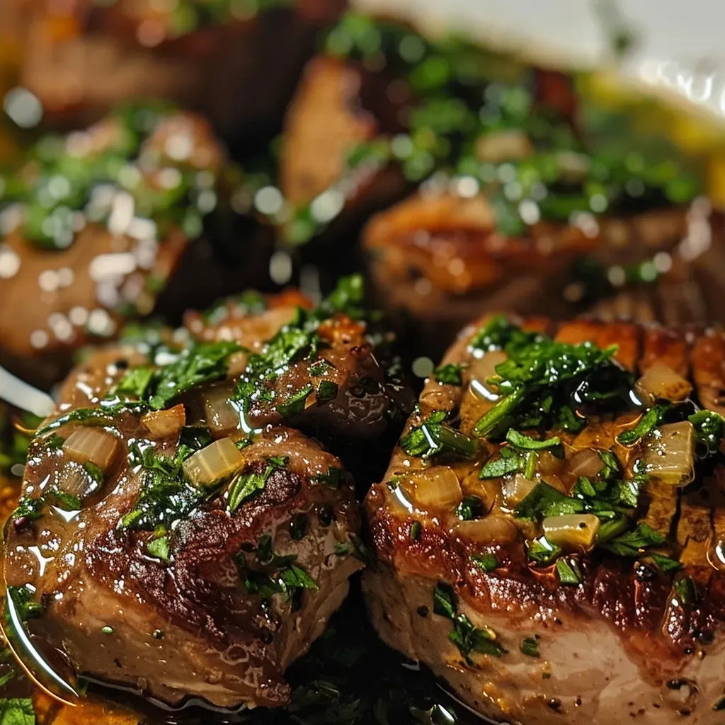 Juicy orzo dinner with protein, garlic, and garnished with fresh herbs, captured from the side.