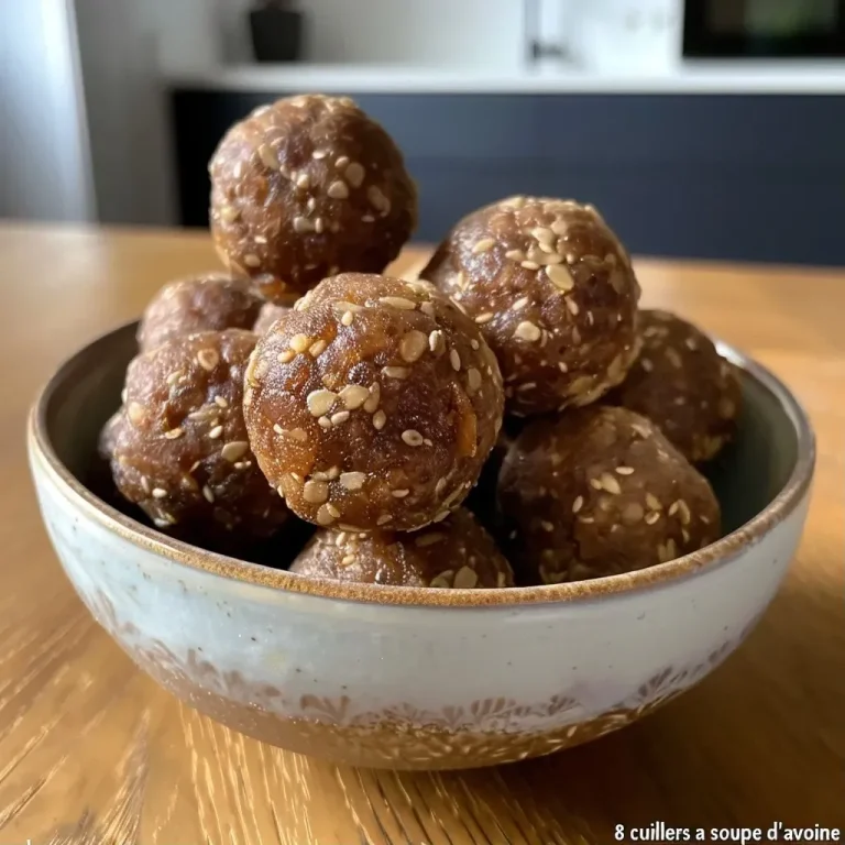 Energy balls ultra rapides : le snack qui booste votre journée ! Close-up of energy balls made with oats, peanut butter, honey, and chocolate chips.