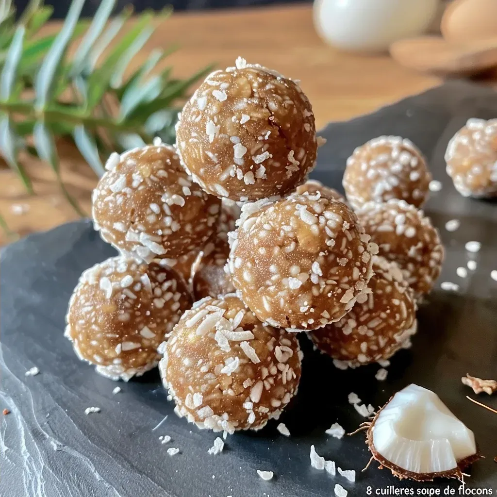 A side view of homemade energy balls on a rustic wooden surface.