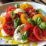 A close-up view of colorful heirloom tomatoes and creamy burrata cheese.