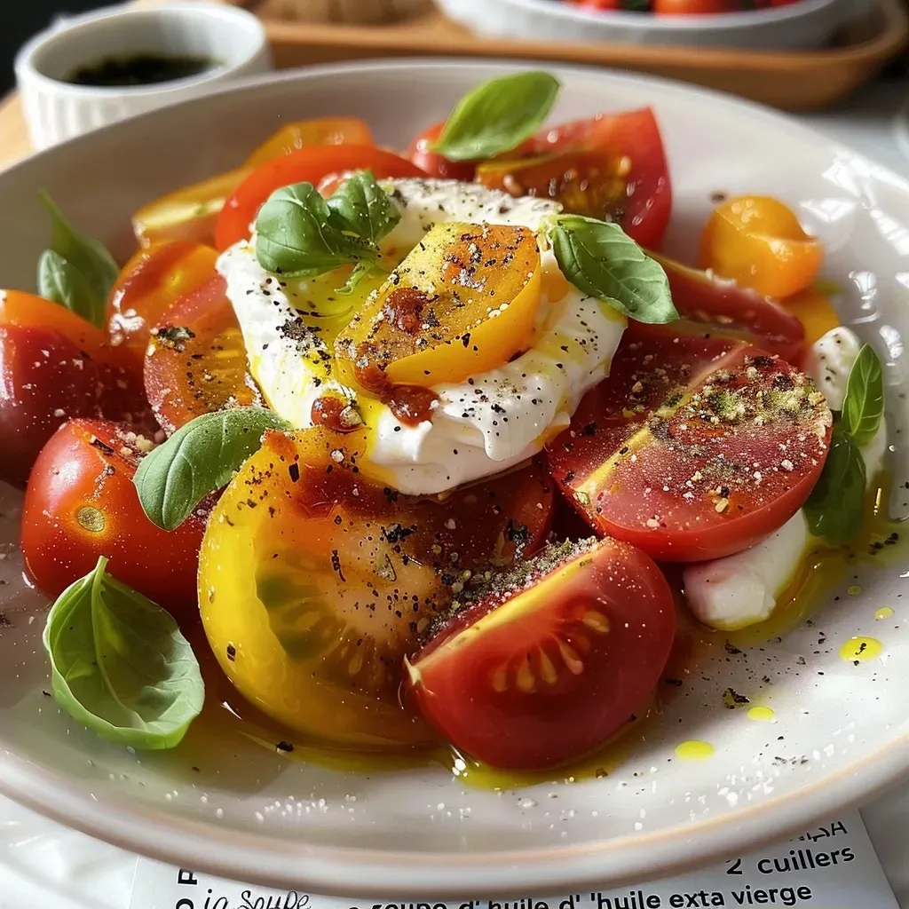 Juicy heirloom tomatoes in vibrant colors served with a ball of burrata cheese.