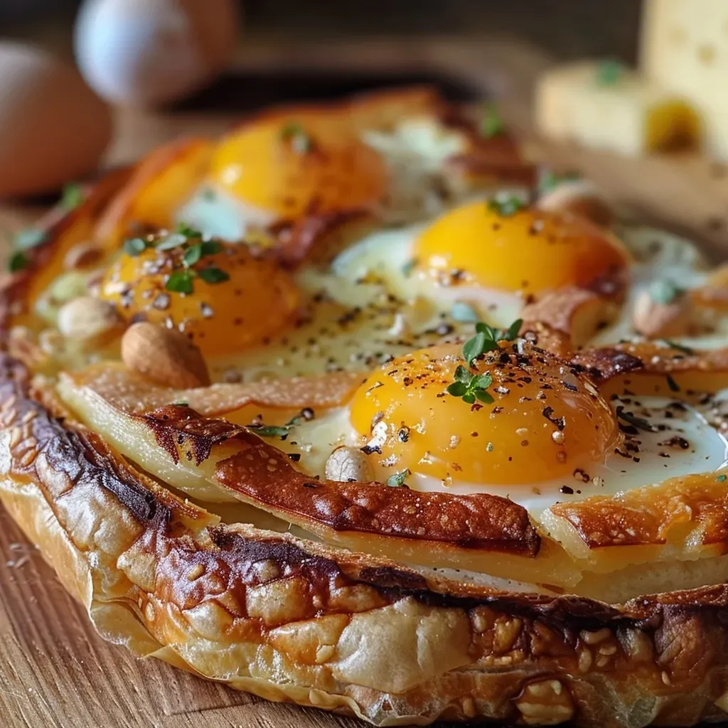 Close-up of a savory galette de sarrasin with melted cheese.