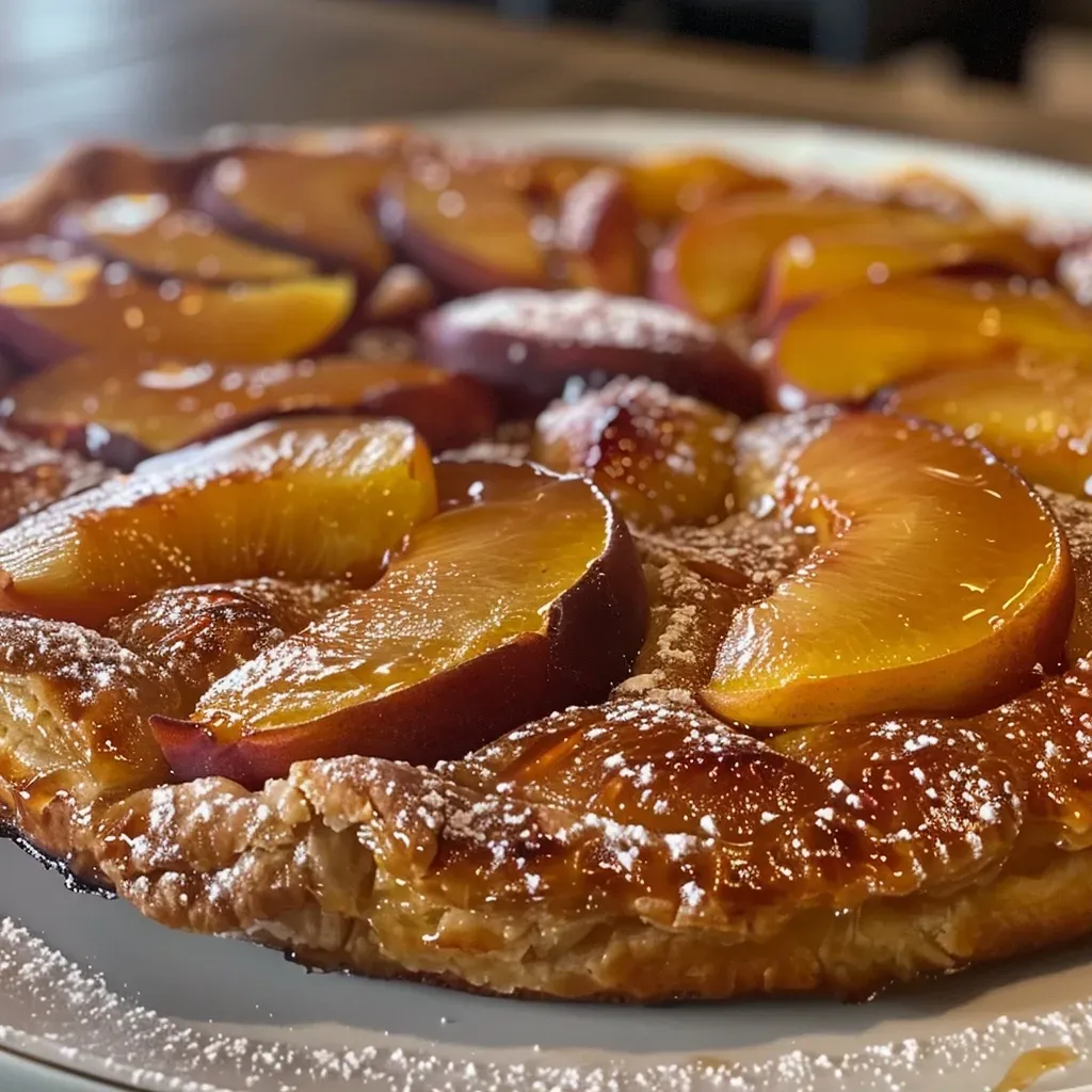 Juicy nectarine galette with a flaky crust, shown in a close-up side view.
