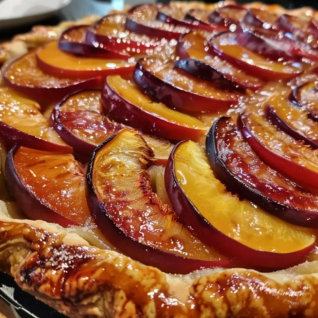 A side view of a golden-brown nectarine galette, highlighting its juicy fruit filling.