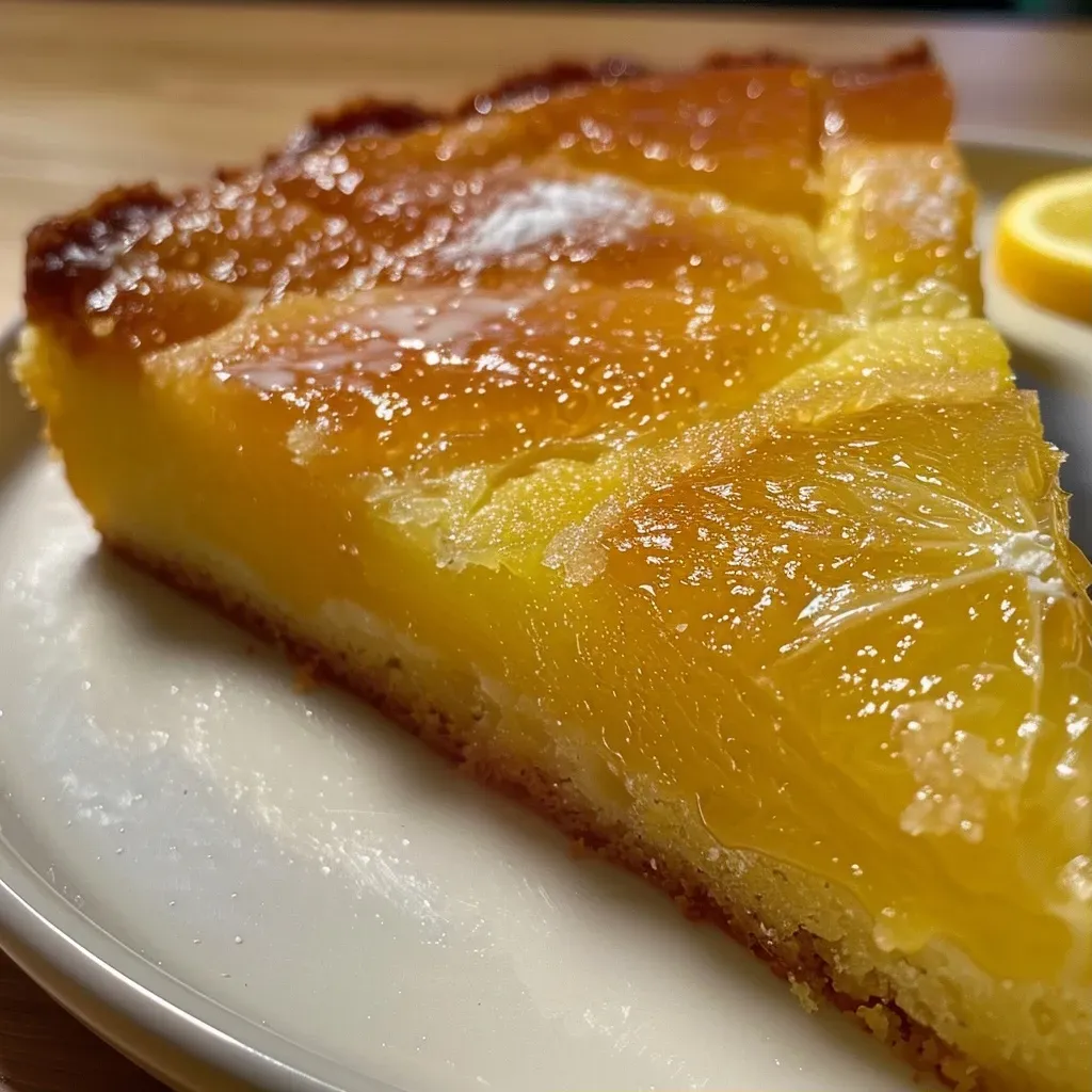 A close-up side view of a moist lemon cake on a plate.