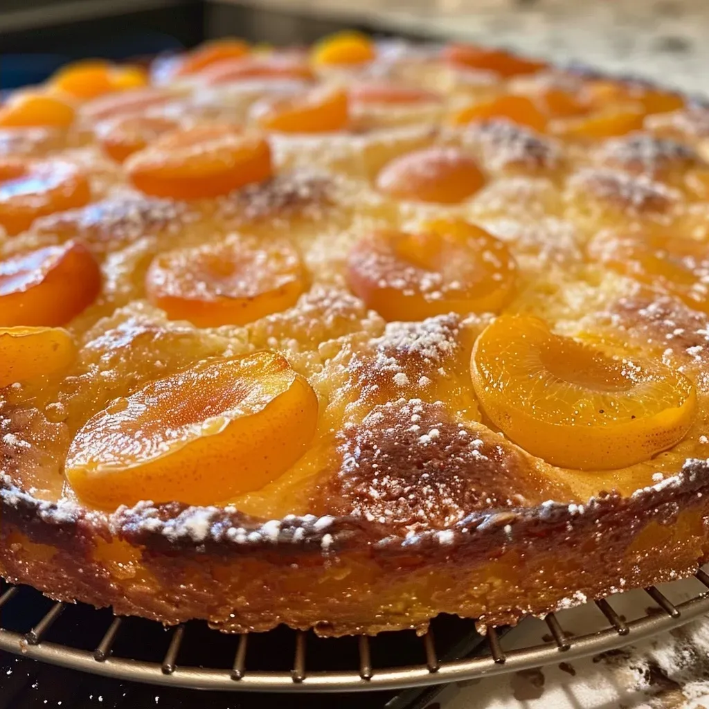 Close-up of golden-brown mini cakes topped with fresh apricot slices, highlighting the inviting texture of the dessert.