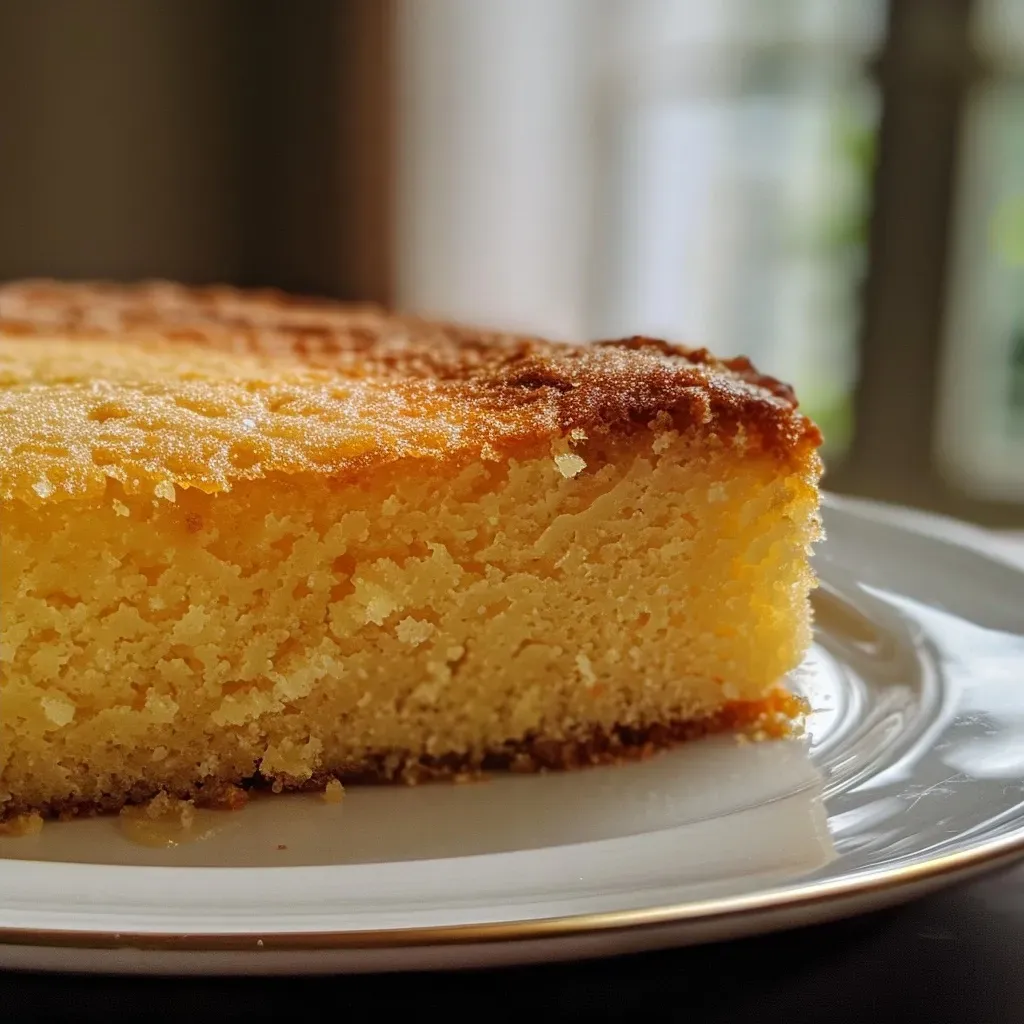 A slice of gâteau de semoule, showcasing its fluffy texture and moist interior.