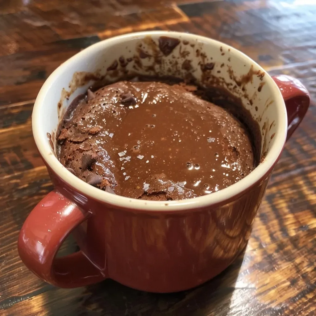 A close-up side view of a mug cake with a fluffy texture and melty chocolate bits.
