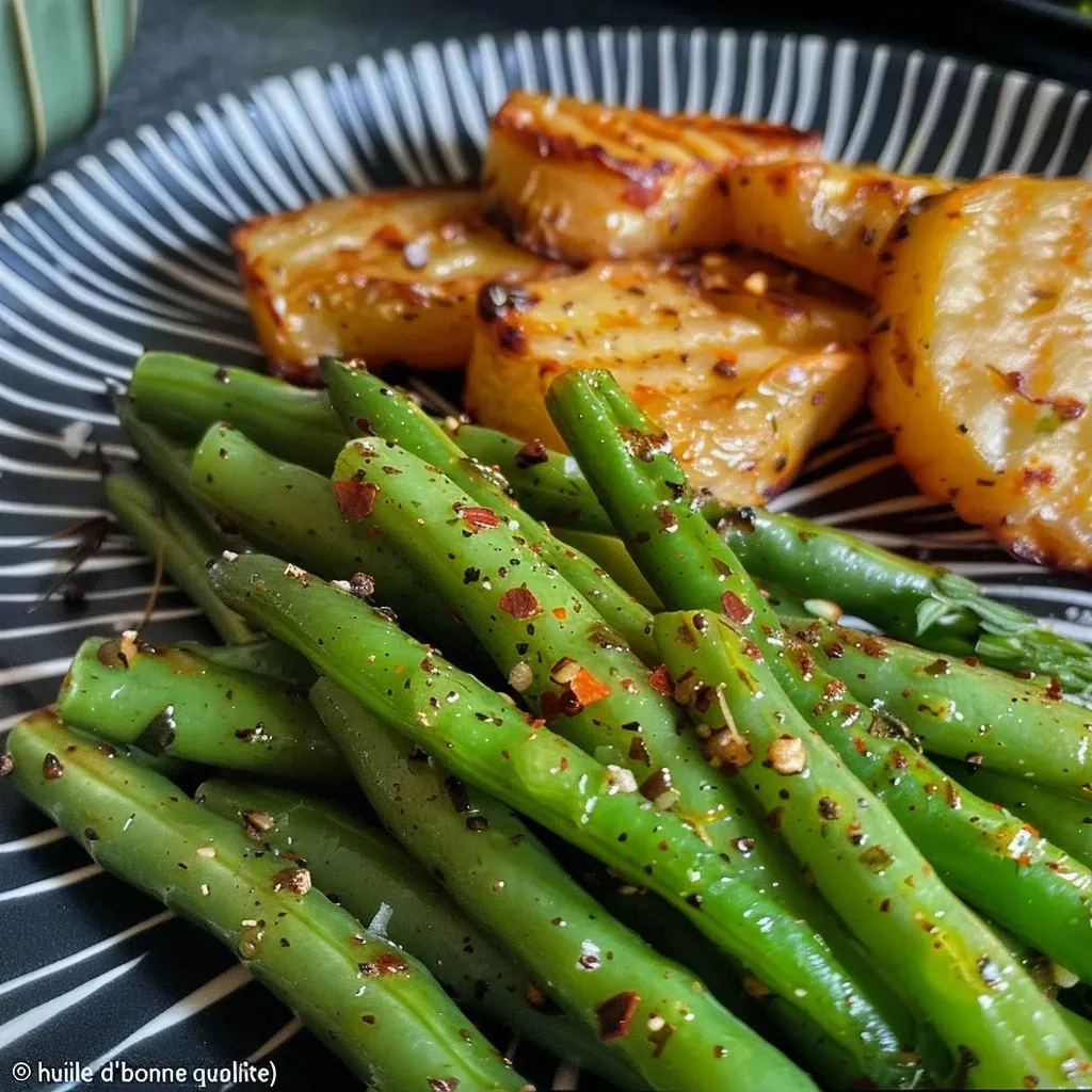 Close-up of fresh green haricots verts with garlic and herbs.