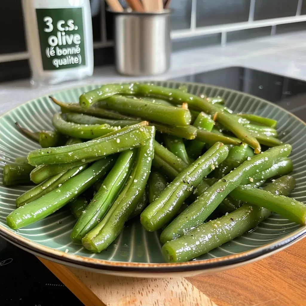 Side view of juicy haricots verts, showcasing vibrant green color.