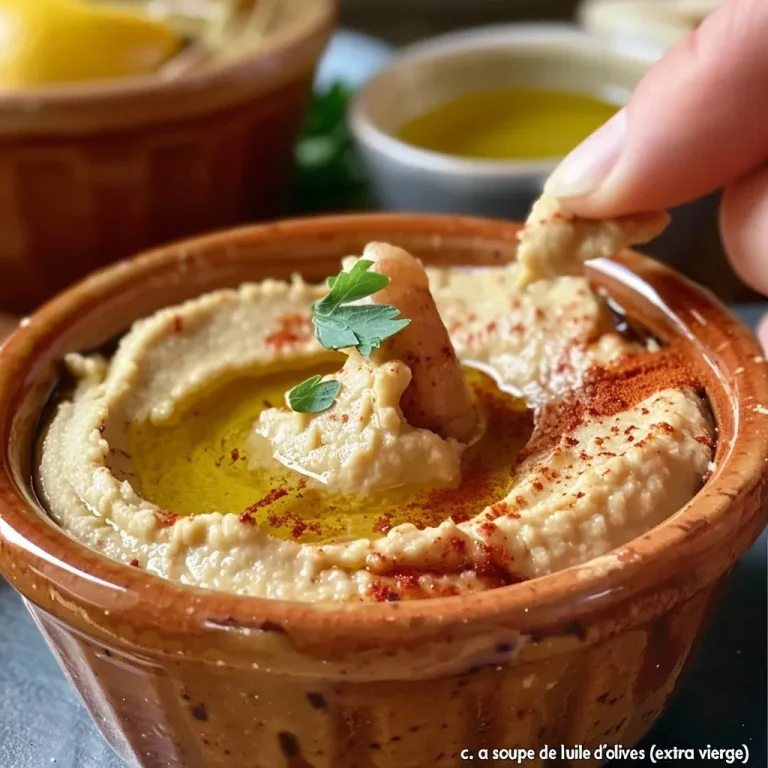 L’houmous express qui réveille vos apéros en un clin d’œil Close-up of creamy houmous served in a bowl with a drizzle of olive oil.