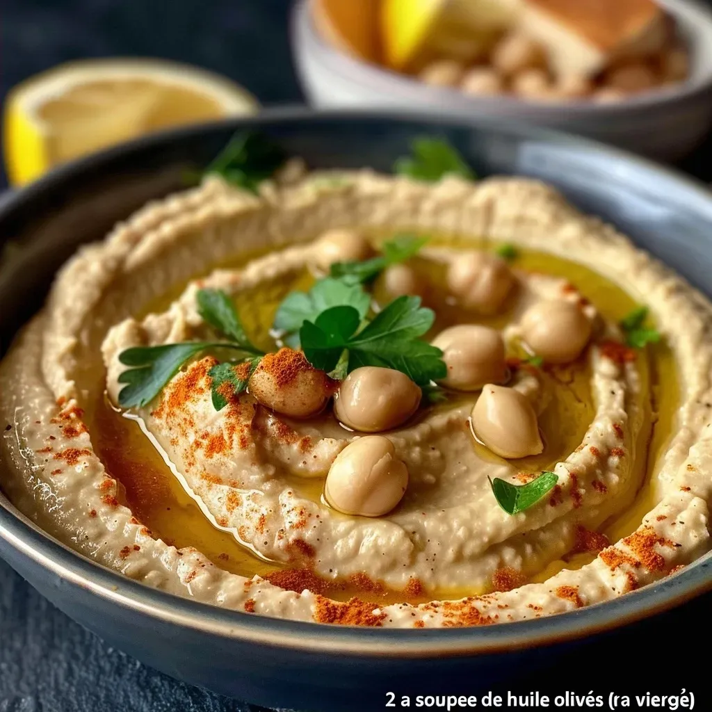Side view of houmous garnished with herbs and served with pita bread.