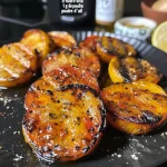 Close-up photo of grilled corn on the cob, glistening with caramelization.