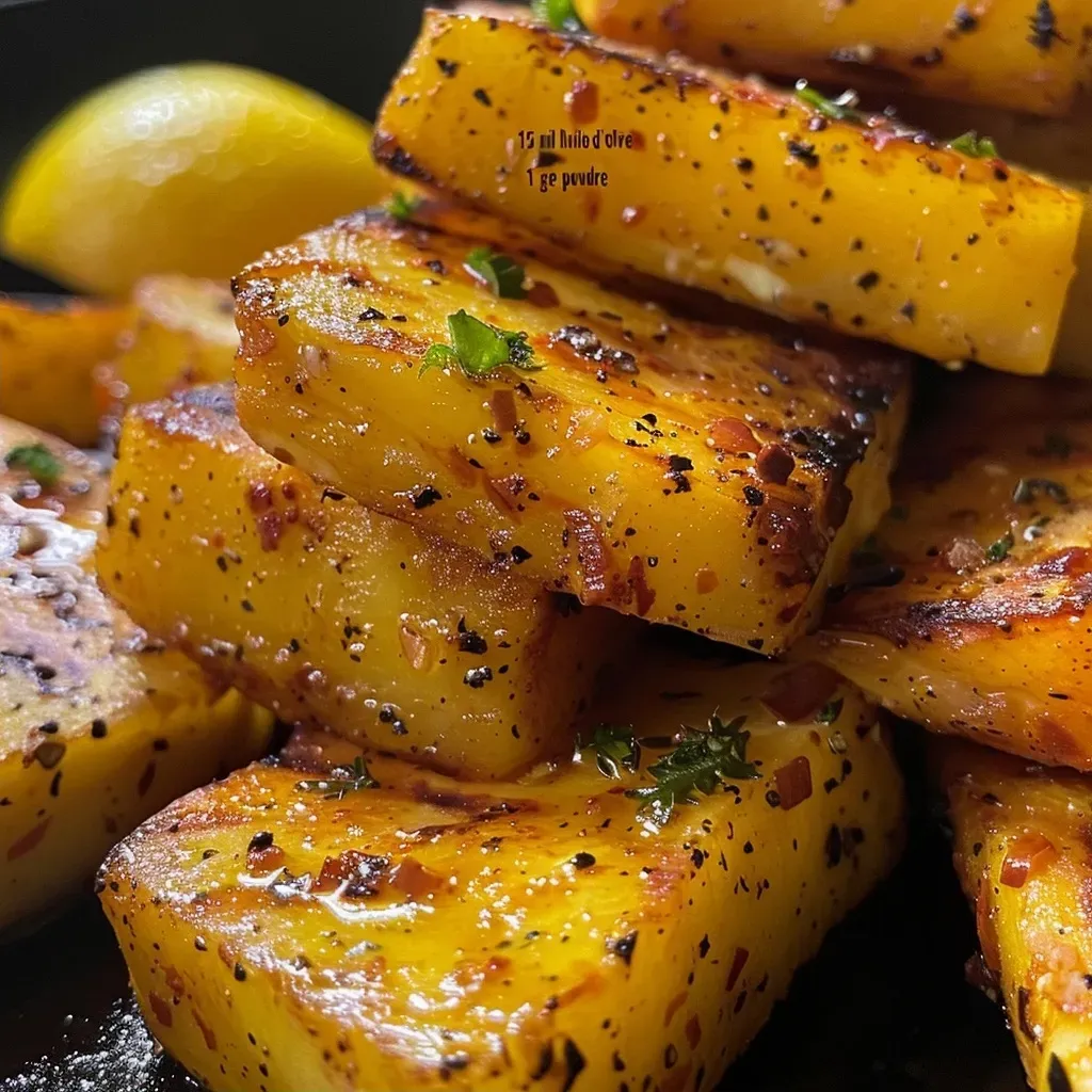 Side view of juicy, caramelized grilled corn, enhanced with butter and spices.