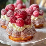 Close-up side view of a mini raspberry cake topped with white chocolate ganache.