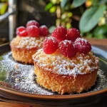 Close-up of a mini cake topped with raspberries and coconut flakes.