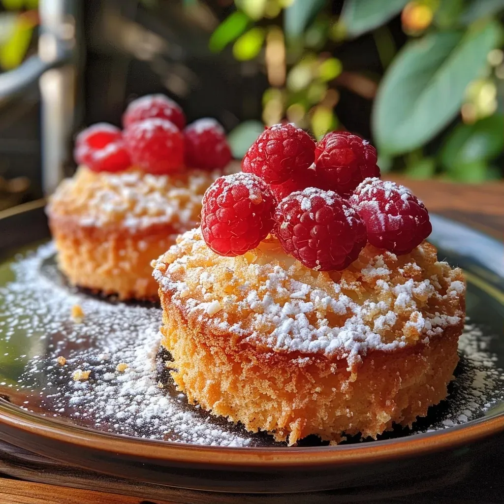 Close-up of a mini cake topped with raspberries and coconut flakes.