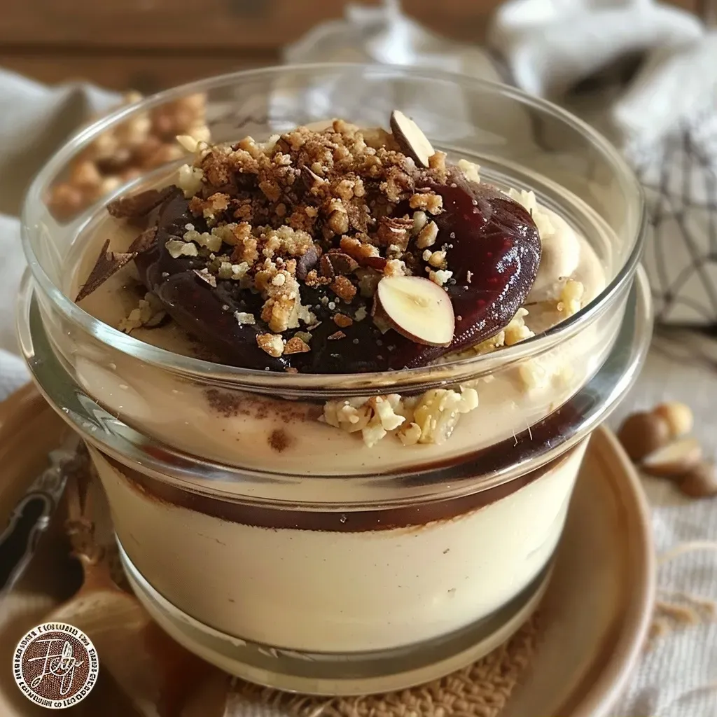 Close-up view of a light fig mousse, showcasing its creamy texture and rich color.