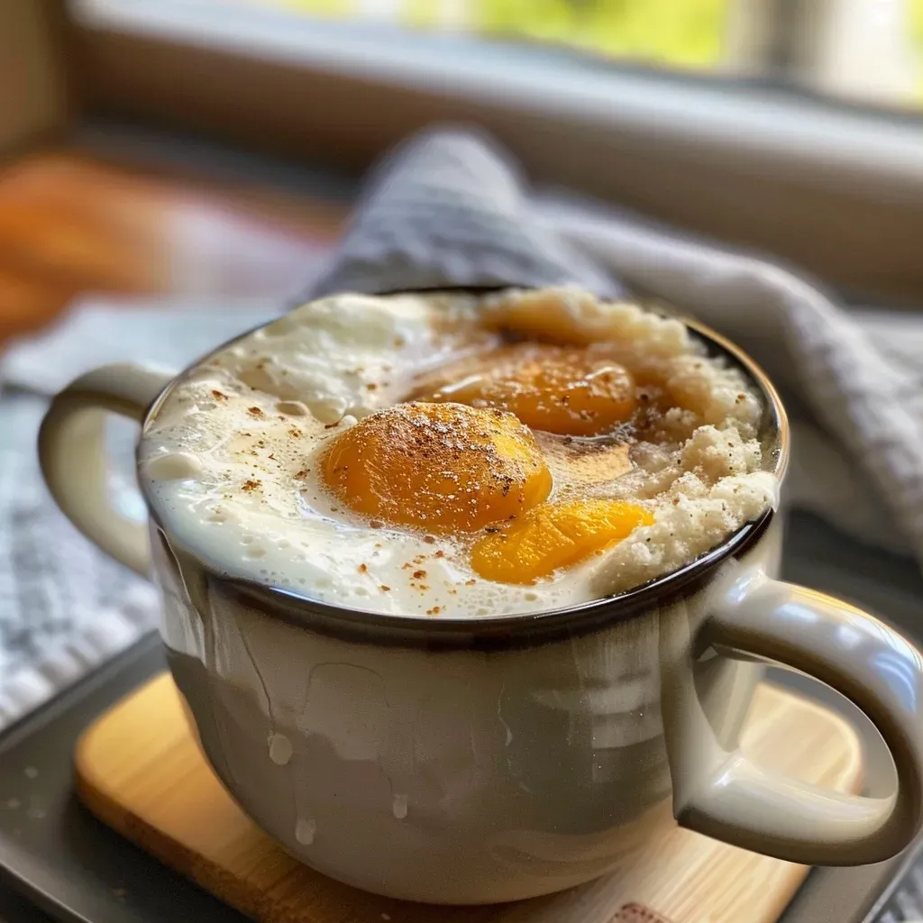 A close-up view of a moist apricot mug cake in a white mug, with a golden brown top and visible apricot pieces.