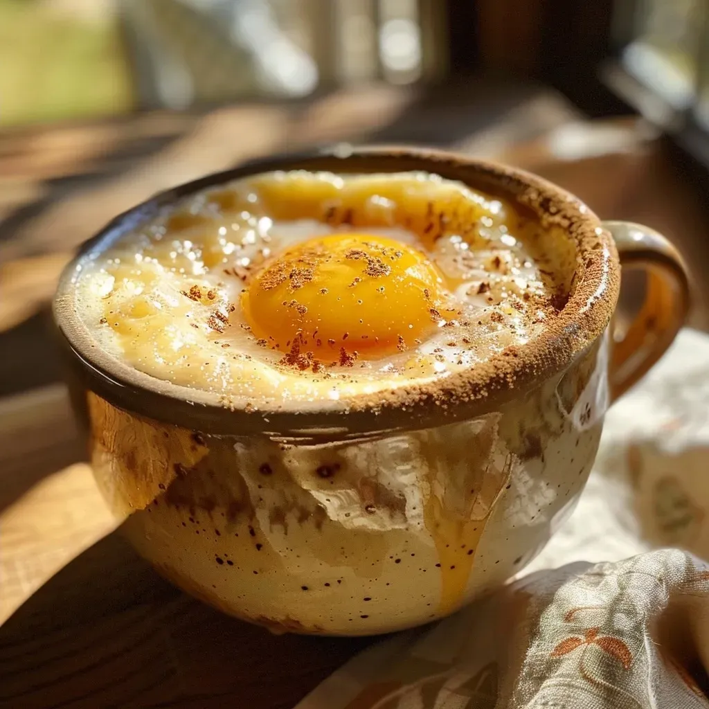Side view of a delicious apricot mug cake in a ceramic mug, showcasing its fluffy texture and caramelized edges.