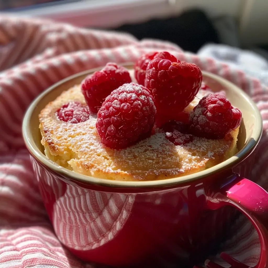 Side view of a freshly baked raspberry mug cake, showing its fluffy texture.