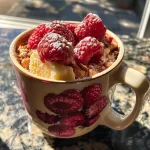 A close-up side view of a raspberry mug cake in a white mug, showcasing its fluffy texture and fresh raspberries on top.
