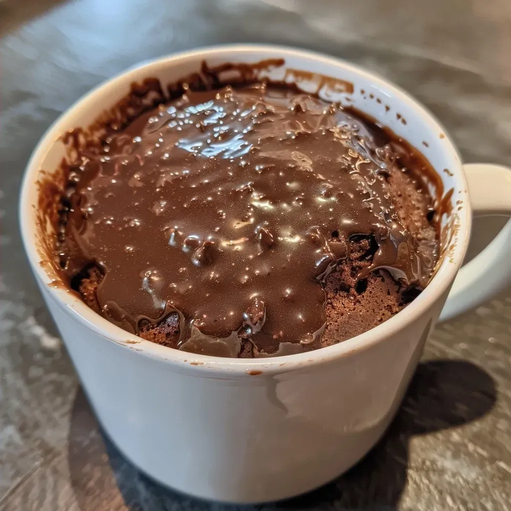 A close-up side view of a tasty mug cake topped with chocolate chips and whipped cream.