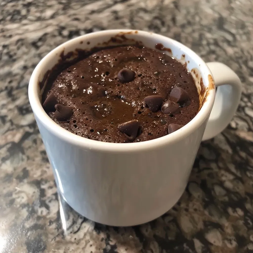 Close-up view of a healthy mug cake with chocolate chips.