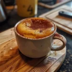 Close-up of a moist mugcake in a white mug, with a golden-brown top and specks of vanilla.