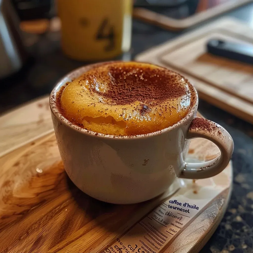Close-up of a moist mugcake in a white mug, with a golden-brown top and specks of vanilla.
