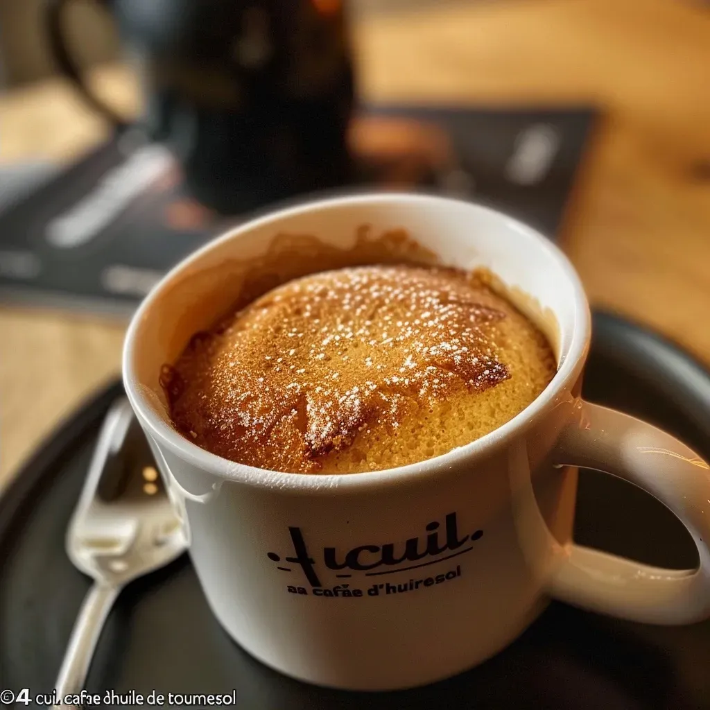 Side view of a fluffy mugcake in a ceramic mug, looking delicious and inviting.