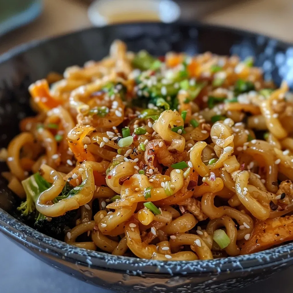 Close-up of sautéed noodles with colorful vegetables in a bowl.