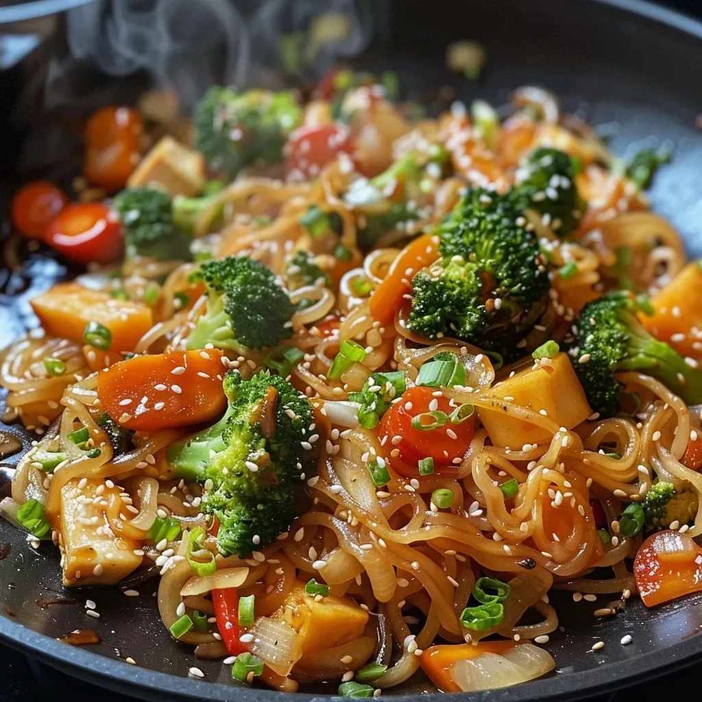 Side view of stir-fried noodles with carrots, peppers, and broccoli.