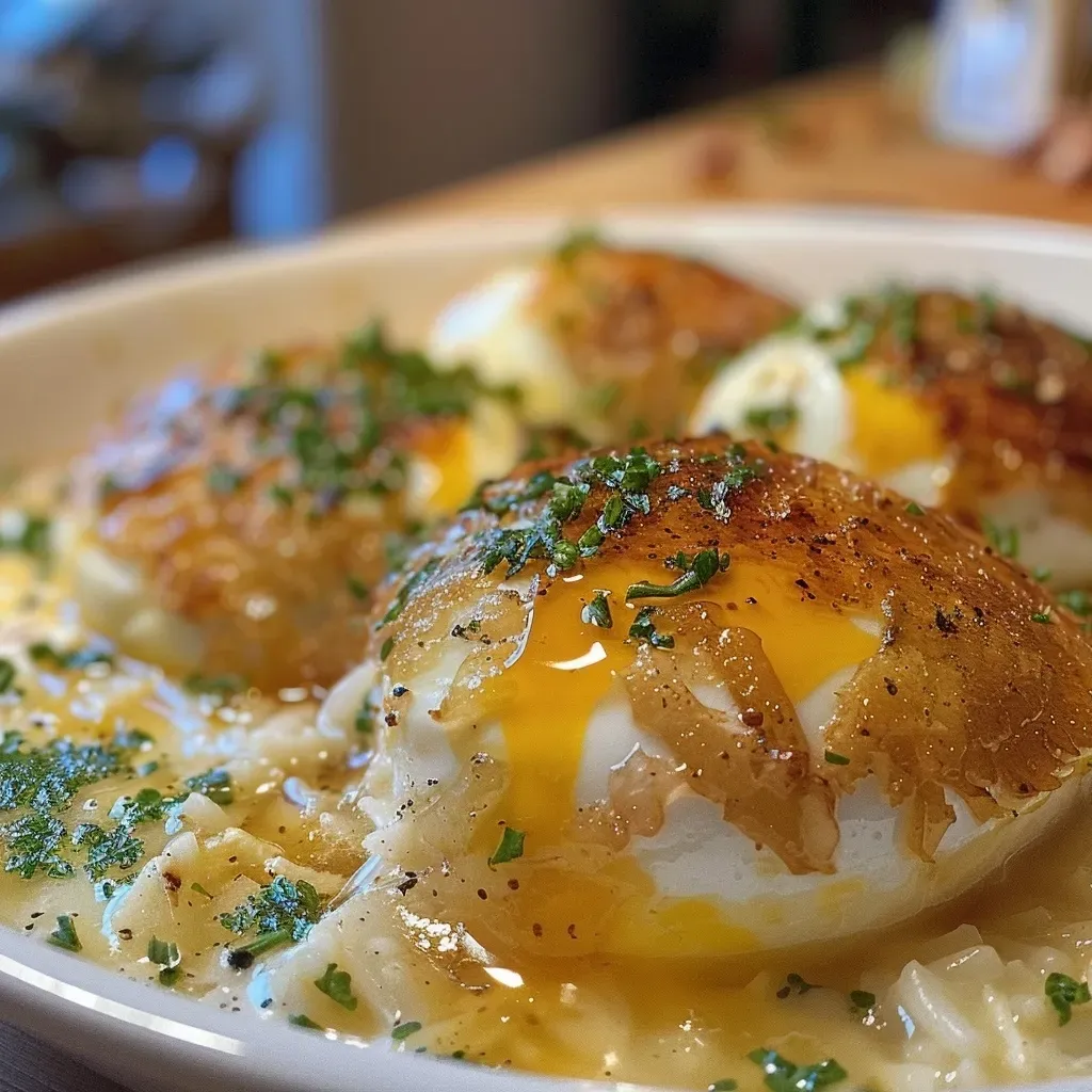 Close-up of marinated soft-boiled eggs garnished with herbs.