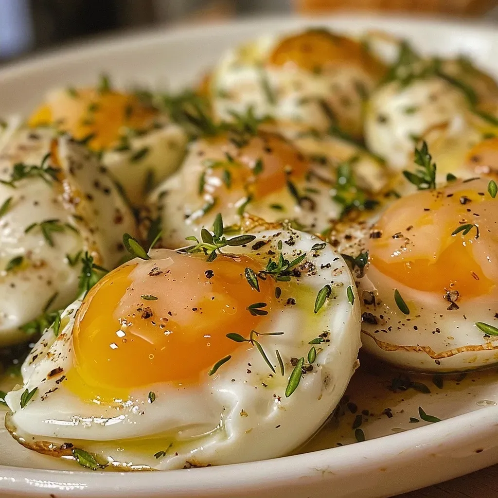 Side view of elegantly arranged oeufs mollets marinés on a plate.