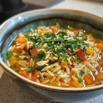 Close-up view of a Mediterranean orzo dish with colorful vegetables and beans.