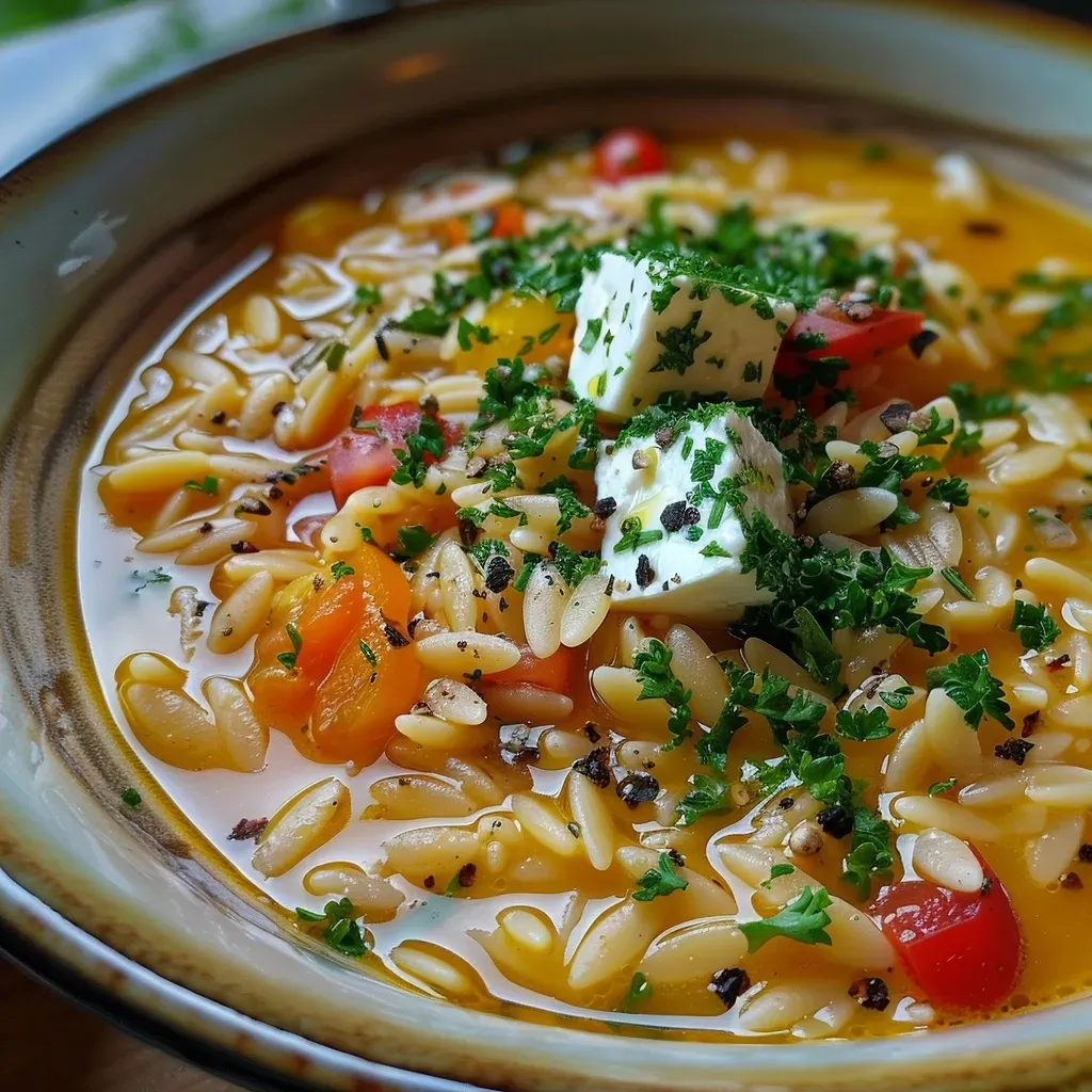Side view of a vibrant orzo dish featuring white and red beans, topped with crumbled feta.