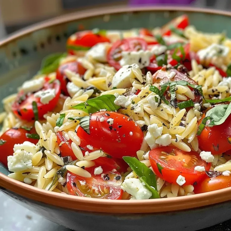 Le plat réconfortant en un clin d’œil : orzo feta au four Close-up of baked feta orzo with colorful cherry tomatoes and fresh basil.