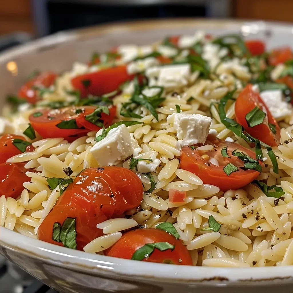 Side view of creamy orzo dish topped with a golden block of feta and herbs.