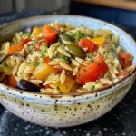 A close-up view of a bowl filled with colorful vegetable orzo, featuring various chopped veggies.