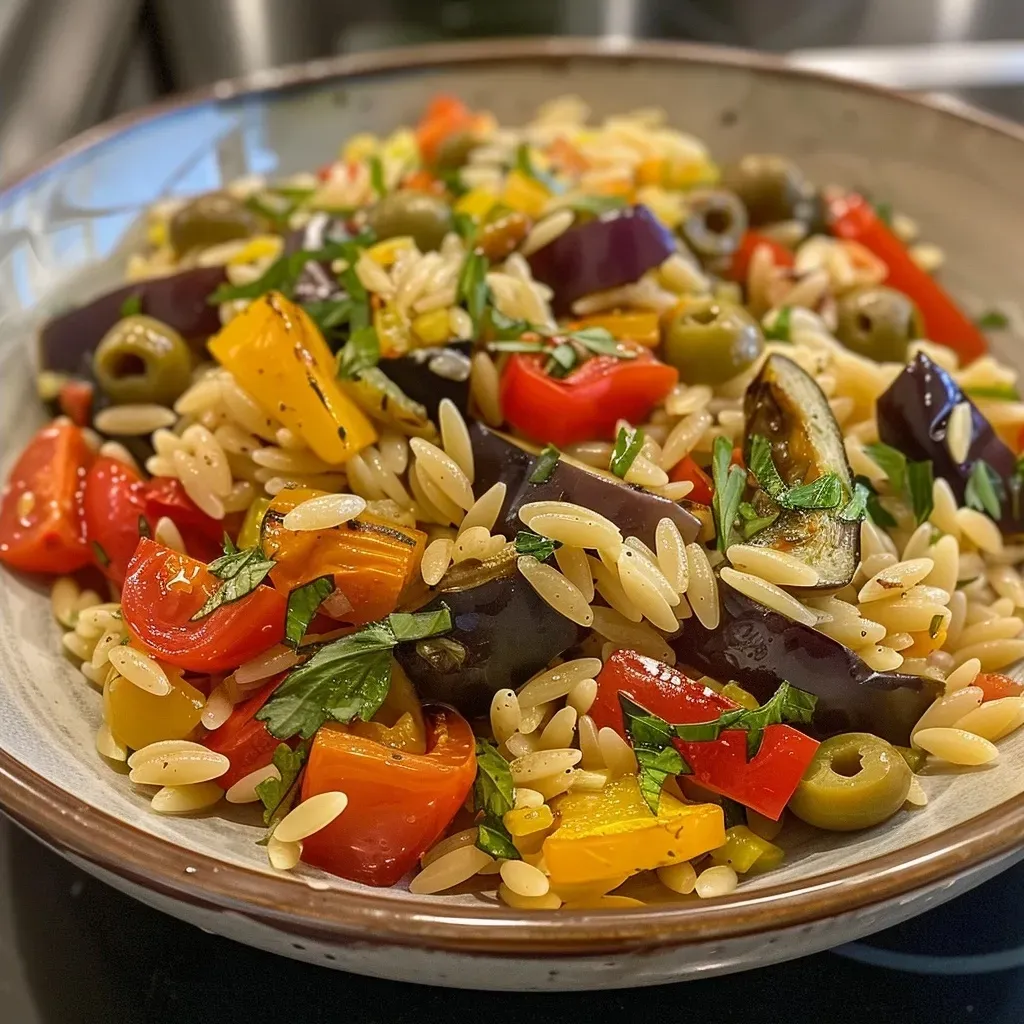 A vibrant dish of orzo surrounded by fresh vegetables, showcasing a variety of colors and textures.
