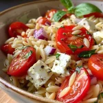 Close-up view of baked feta orzo with cherry tomatoes and herbs.