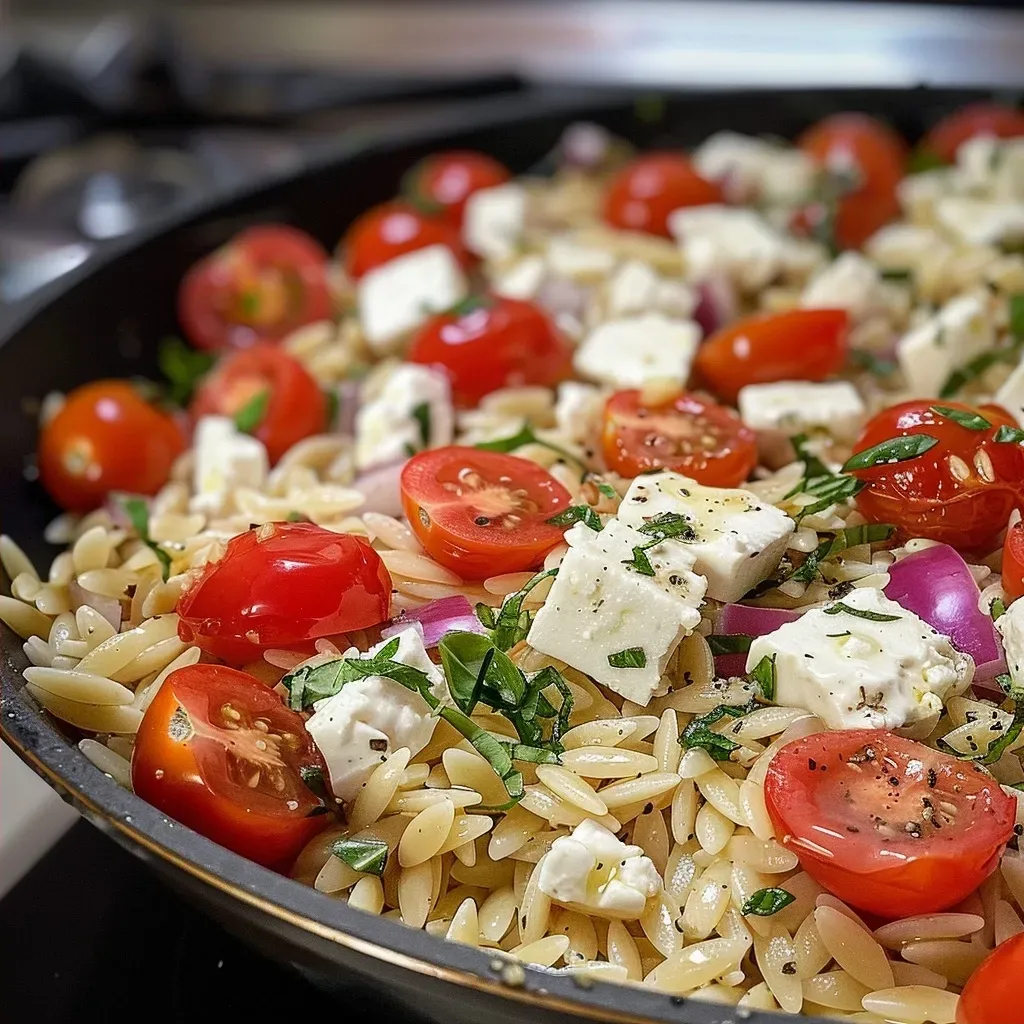 Juicy orzo pasta mixed with melted feta and colorful vegetables.