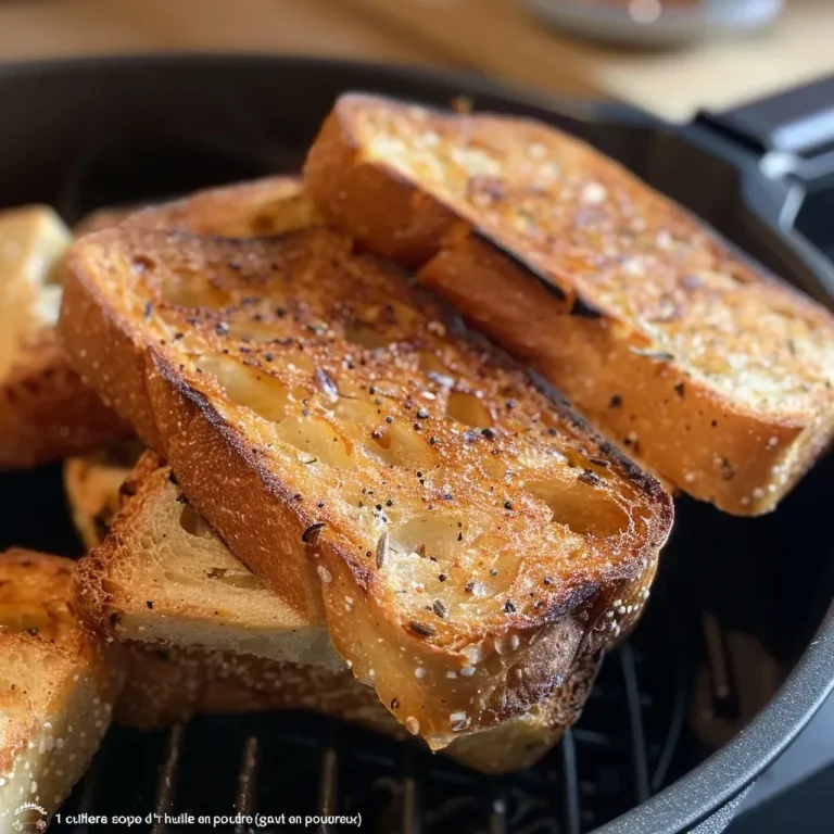 Le pain grillé au airfryer : prêt en un clin d’œil ! Close-up view of golden-brown air-fried toast slices topped with herbs.