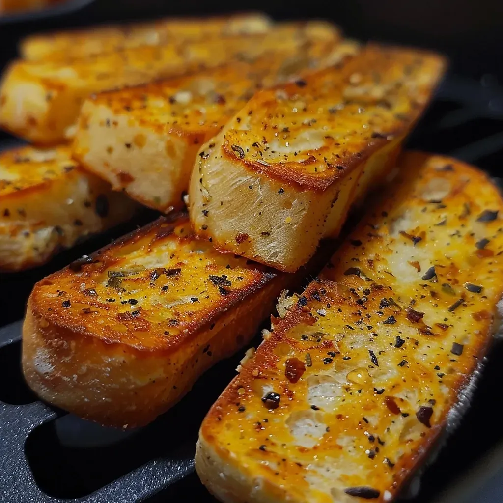 Side view of air-fried toast, with a shiny olive oil coating.