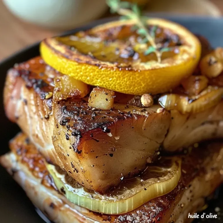 Close-up of juicy Papillote de thon with lemon slices and herbs.
