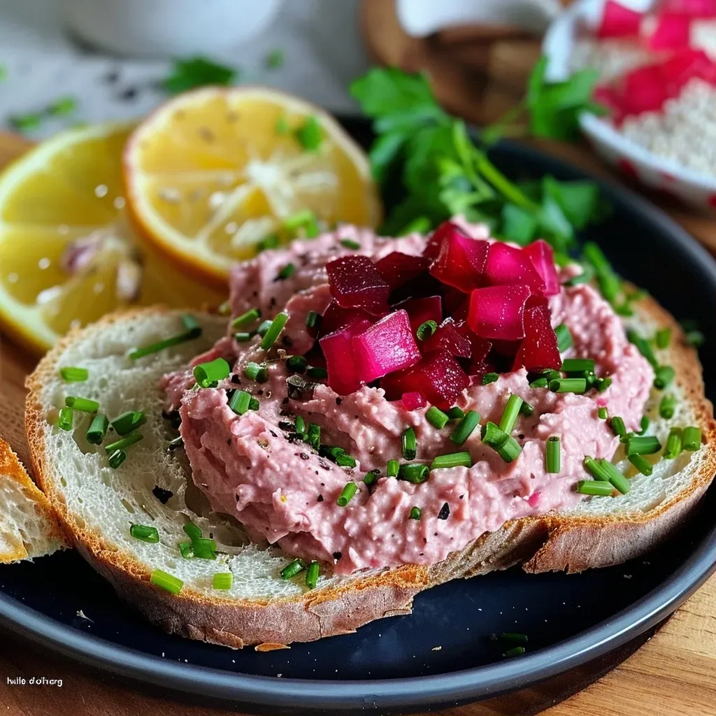 Close-up view of a vibrant beet and chickpea pâté served in a bowl with garnishes.