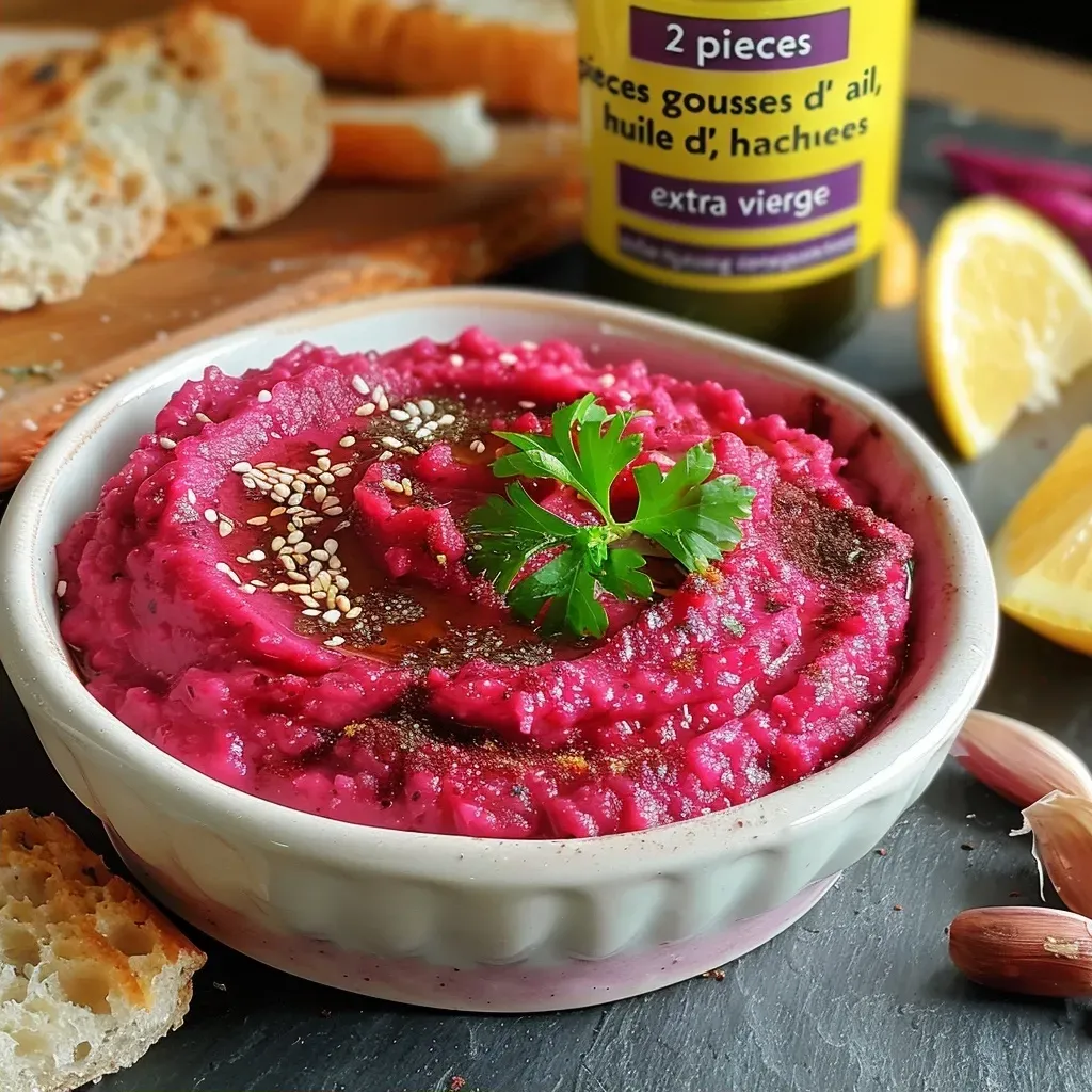 Side profile of a creamy beetroot pâté with a rich texture, showcasing its pink hue.
