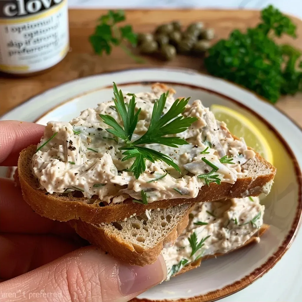 Side view of a vibrant bowl filled with smooth sardine pâté, accompanied by lemon wedges and herbs.